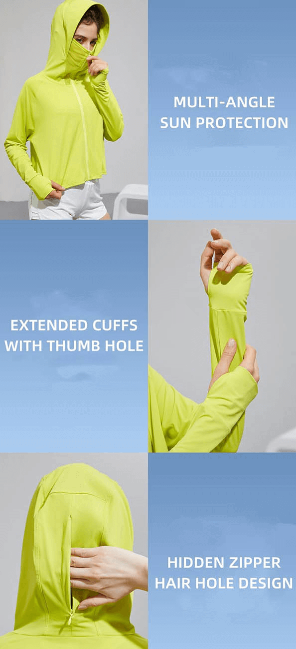 Women wearing lime green sun protection hodie with long sleeves, thumb holes, multi-angle coverage, and hidden zipper hair hole design.