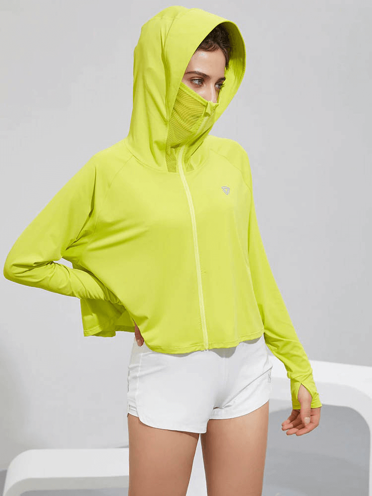 Woman in neon yellow Zipper Long Sleeves Sun Protection Thin Hoodie, perfect for yoga and running, offering comfort and style.