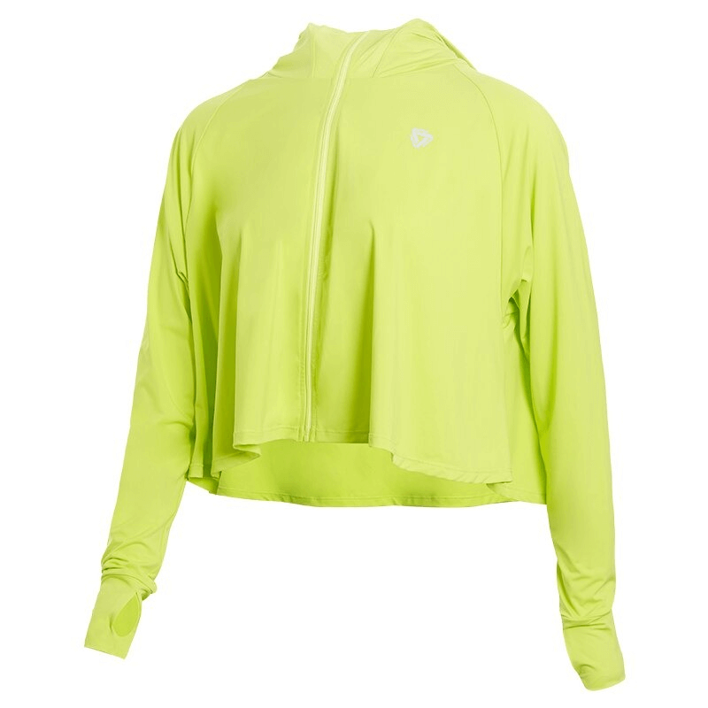 Neon yellow women's thin hoodie with zipper and sun protection, ideal for yoga or running, featuring breathable nylon spandex fabric.