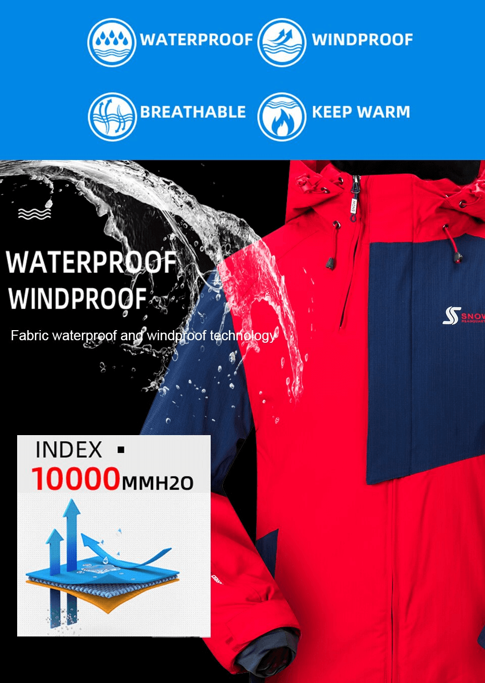 Zipper Waterproof Skiing Snowboarding Jacket with Inside Pockets - SF0915